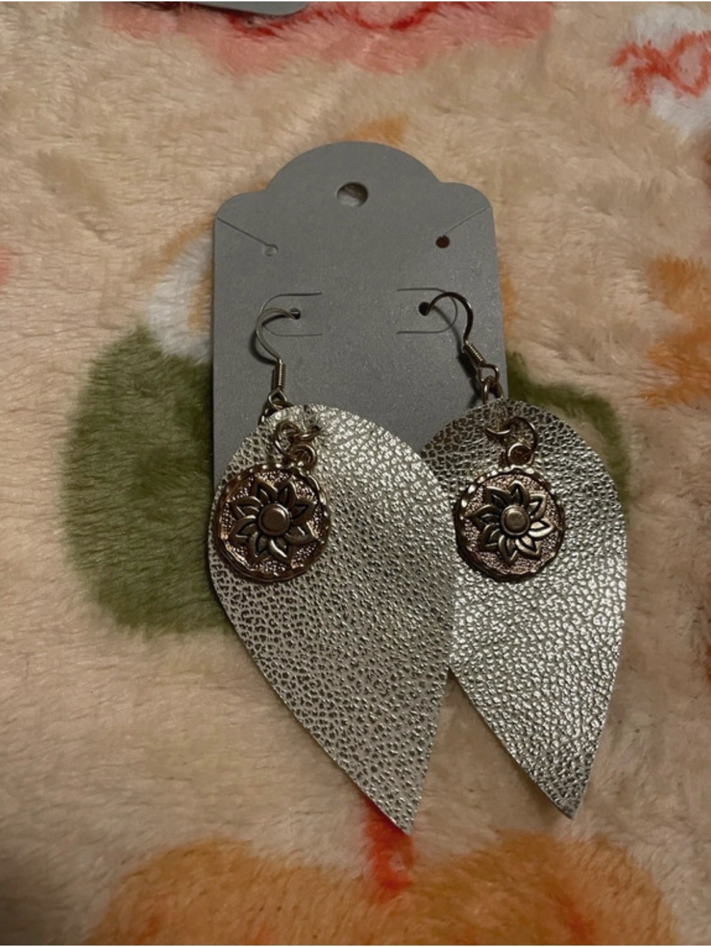 Silver Textured Leaf Dangle Earrings with Sunflower Medallion